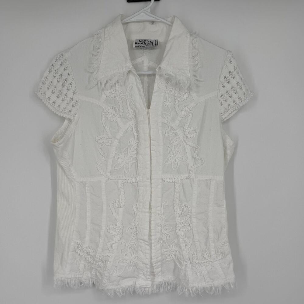 American South Side Embroidered Applique Fringe Button Up Blouse SZ M White Boho